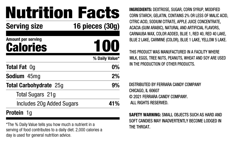 Ingredients and nutrition popup card