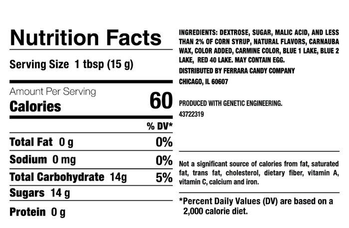 Ingredients and nutrition popup card