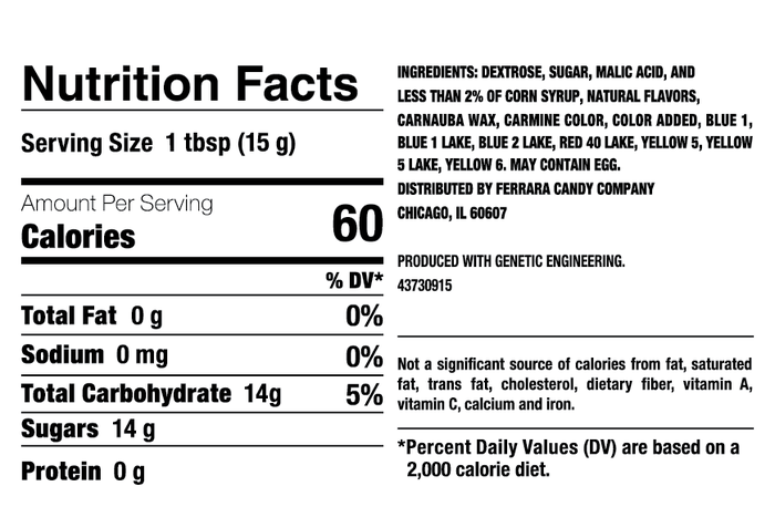 Ingredients and nutrition popup card