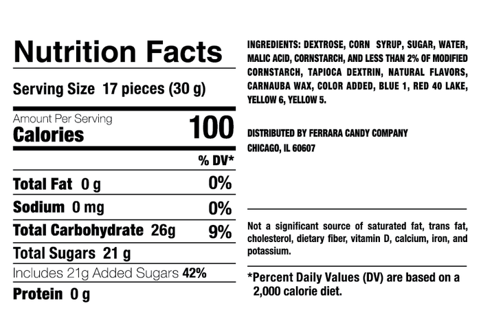 Ingredients and nutrition popup card